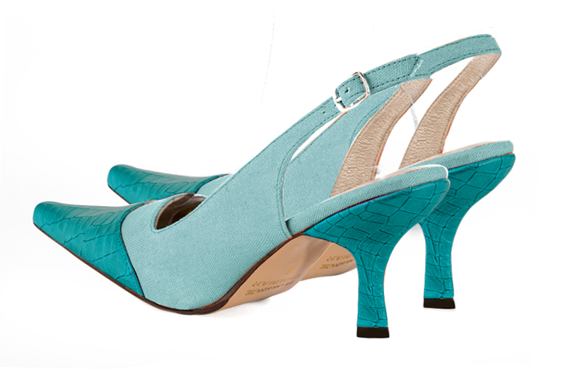 Turquoise blue women's slingback shoes. Pointed toe. High spool heels. Rear view - Florence KOOIJMAN